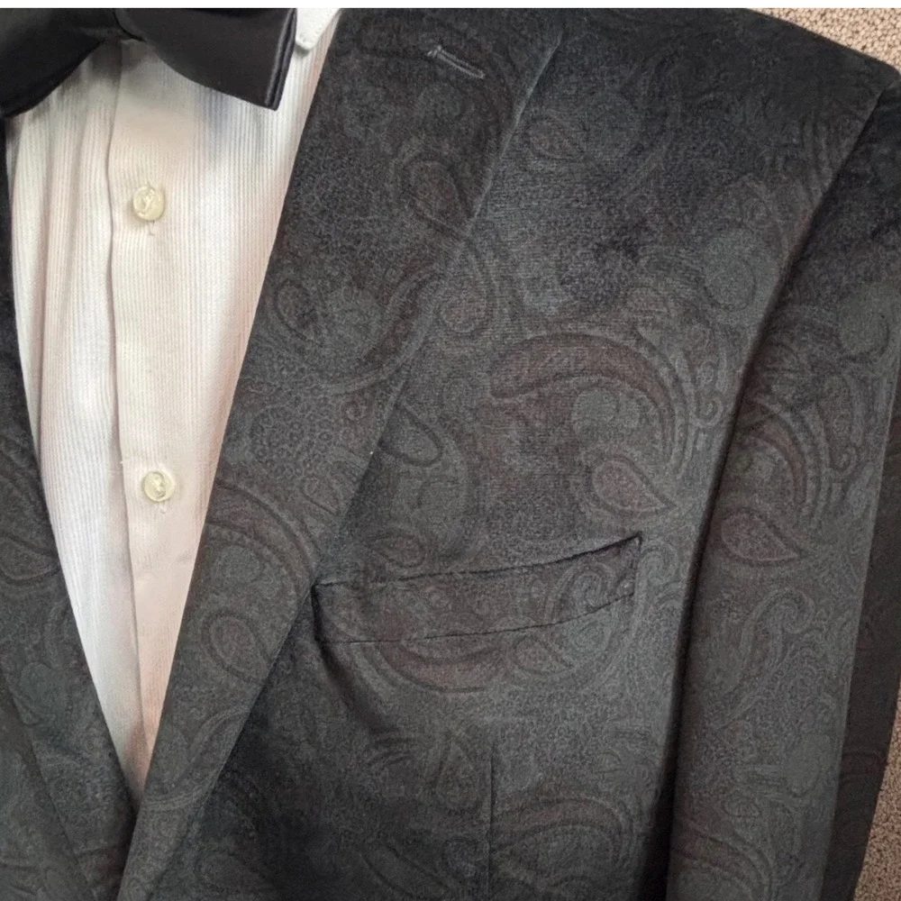 Bar III Black Green Paisley Velvet Slim Fit Tuxedo Jacket 44L Formal